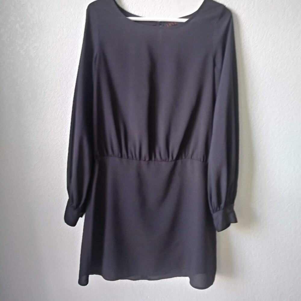 Leyendecker Black Mini Dress Women size 4 Long Sleeves Button Up Back Satin Look